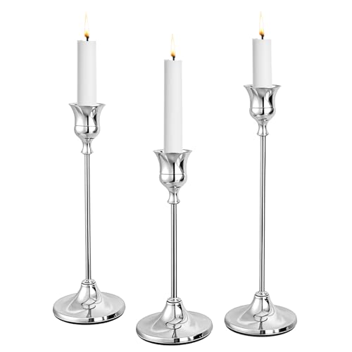 CHILL RECIPE Silver Taper Candle Stick Holders Tall Candle Holder, Vintage Candlesticks Holder Bulk for Home Decor Table Centerpiece Dining Party Festival Decorations(1 Set 3Pcs) - color: Silver, size: 1 Set-3Pcs