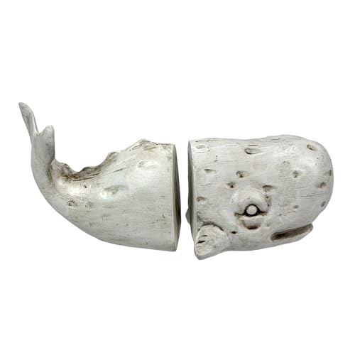 Sperm Whale Head and Tail Bookend Set, Off White Weathered Hand Painted Resin Nautical Bookends, 10 Inch Coastal Shelf Decor for Home Office, Bedroom or Living Room - color: Whale - Off-white