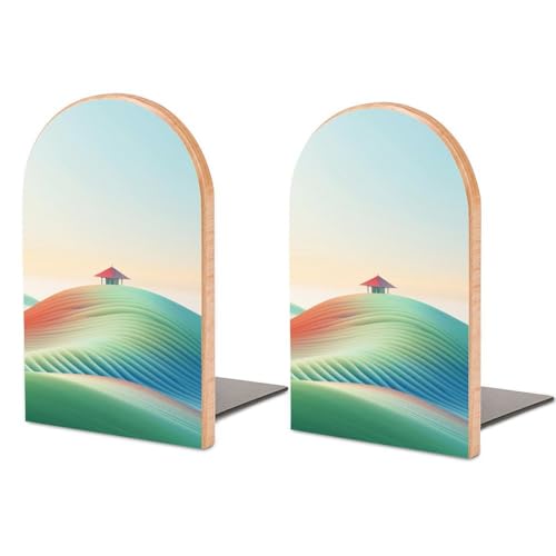 Ancient Chinese Vista Wooden Bookends Shelves 2 PCS Watchtower Set Among Rolling Hills Historical Landscape Sturdy Book Holders Desktop Organizer for Home Office Libraries - color: Color-5