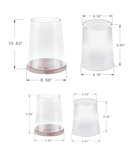 Set of 2 Glass Hurricane Candle Holders with Handmade Sturdy Glass Sleeves and Shabby Brown Wood Base for Pillar Candle & Plants, Industrial, Farmhouse, Display Cloche Bell Jars, Table Centerpiece - color: Rustic Brown, size: Set of 2