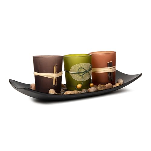 Dawhud Direct Decorative Votive Candle Holders, Vintage Decor Flameless Candlescape Set, 3 LED Tea Light Candles, Rocks and Tray - Fall Table Decor (Earth Tones) - size: Natural Earth Tone