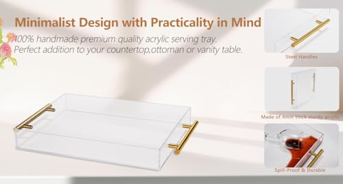 Clear Acrylic Tray with Metal Handle,No Need to Assemble-for Ottoman,Coffee Table, Breakfast, Tea, Food, Butler - Decorative Tray (12x18 Inch, Clear) - color: Clear, size: 18" x 12" x 2"