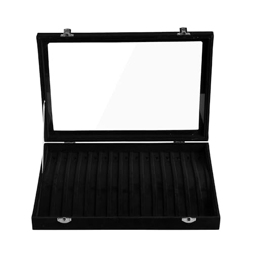 Frebeauty 15 Hooks Necklace Tray Velvet Neckalce Organizer with Clear Lid Lockable Necklace Holder Box Jewelry Organizer for Pendants Chains Necklace Jeweley Tray for Women Girls(Black) - color: Black