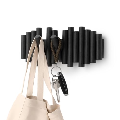 Umbra Picket Wall-Mounted Coat Rack Rail Hook with 5 Retractable Wood Pegs – Modern, Space-Saving Storage Organizer, Black - color: Black, size: 5-Hook