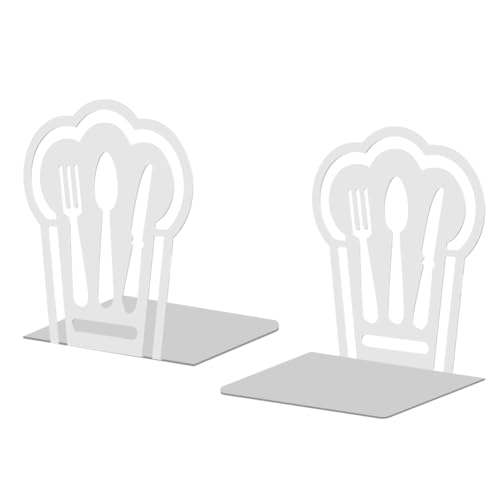 Peacoblue Metal Bookends for Shelves, Modern Decorative Heavy Duty Study Book Support Stoppers for Office, Desk, Shelf, Room 5.3"x4.3"x6.1" Cast Iron Simple White Book Ends, 1 Pair (Chef Hat) - style: Chef Hat