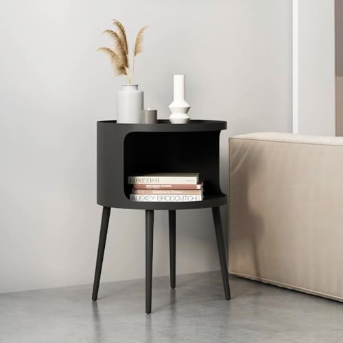 Modern Side Table,Round end Table with Open Storage,Metal nightstand,Bedside Table for Living Room,Bedroom - color: Black-round