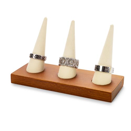 Oirlv Natural Solid Wood 3-Ring Jewelry Display Stand Creamy White Ring Organizer Holder - color: 3 Wood Creamy-white