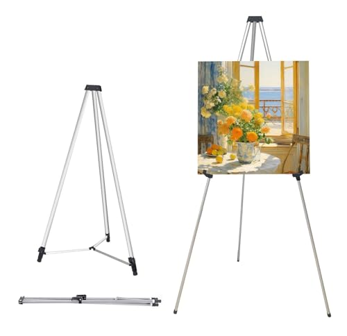 MXG Portable Adjustable Large Display Stand, Heavy Duty Aluminum Tripod Easel for Painting, 33-64 Inch Foldable Tabletop & Floor Sign Holder for Art Exhibitions, Outdoor, & Wedding, Silver - color: Silver