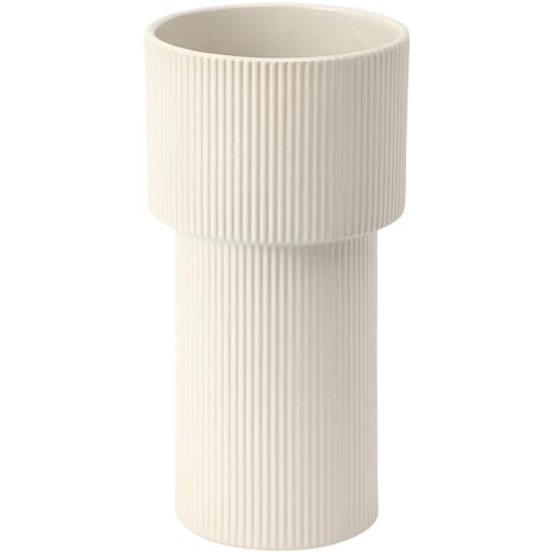 White Ceramic Flower Vase, Decorative Vase for Pampas Grass, Ribbed Vases for Decor, Boho Vases for Living Room, Office, Mantel, Shelf, Dinning Table, 10 Inches - color: White, size: Extra Large Ribbed