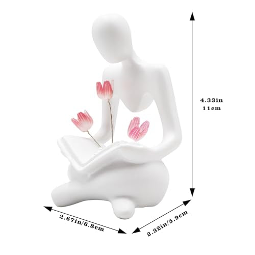 Reading Women Statue with Tulip Lamp, Thinker Sculptures with Night Light, Abstract Art Ornament, Modern Aesthetic Figurine Decoration for Home Living Room Bedroom Office Table Desk Bookshelf Decor
