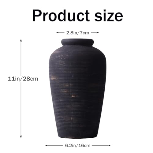 Large Ceramic Rustic Vase, 11" Black Terracotta Farmhouse Flower Vase, Modern Boho Pottery Decor for Living Room, Bathroom, Office, Shelf, Mantel