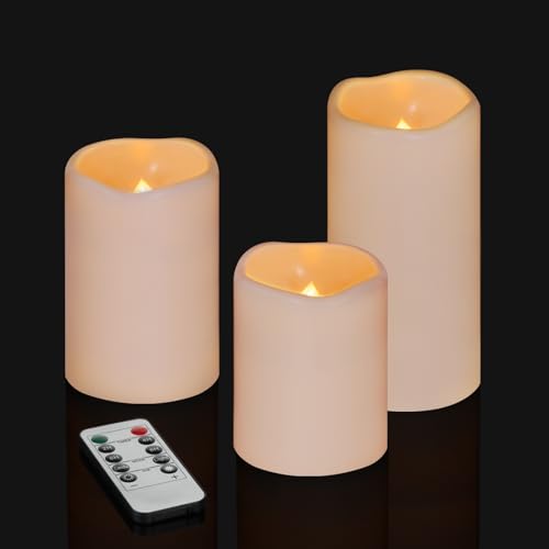 Flameless Candles 4" 5" 6" Set of 3 Ivory Outdoor Indoor Pillars 3" Diameter Battery Operated Flickering Candles Include 10-Key Remote Timer Function 400+ Hours Requires 2 AA Batteries（3 Pack) - color: Ivory Candle - Warm light, size: 3"D x 4"|5"|6" H - 3