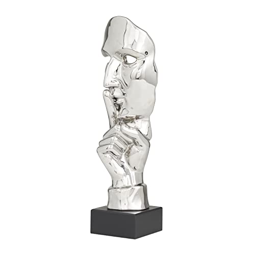 Deco 79 Polystone Mask Decorative Sculpture Quiet Gesture Home Decor Statue, Accent Figurine 5" x 5" x 17", Silver