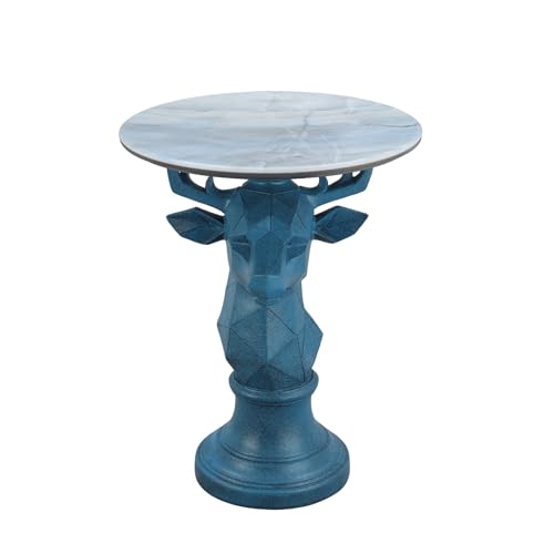 Deer Side Table for Living Room - 20" Faux Marble Top Accent End Table with Hand-Carved Resin Deer Statue Base - Modern Round Bedside Table for Bedroom, Patio, Entryway, Gift - Tool-Free Setup - color: Blue Deer