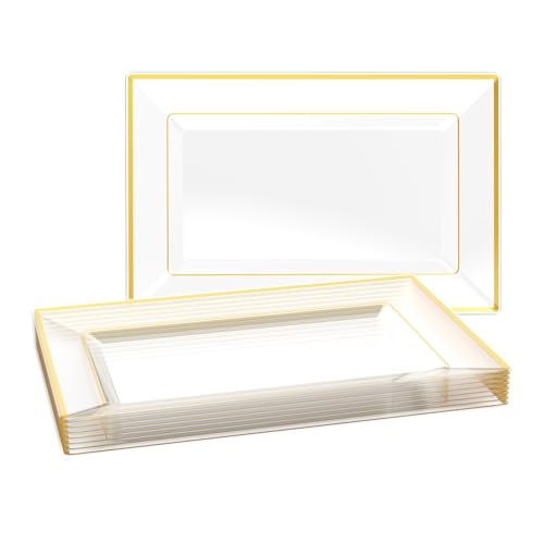 FOCUSLINE 8 PCS Plastic Serving Trays for Party, Clear and Gold Rim Serving Platters and Trays, Premium Plastic Fruit Tray, Disposable Platters for Cupcake, Dessert, Appetizers - color: Clear