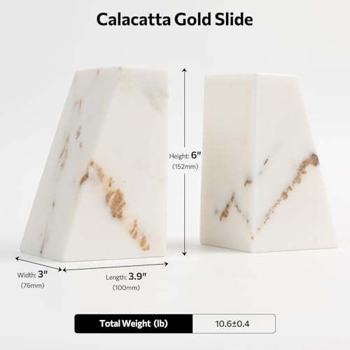 Luxury Marble Bookends for Shelves, 11LB Heavy Duty Marble Book Ends for Heavy Books, Stone Bookends Decorative, Polished, Calacatta Gold Triangular, Set of 2 - color: Calacatta Gold, size: 3.9×3×6 Inch