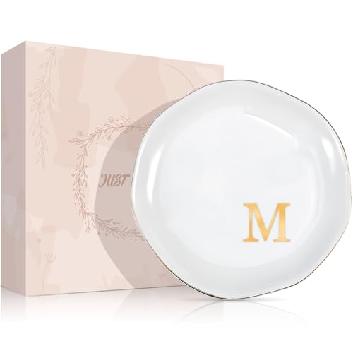ProCase Ceramic Jewelry Tray, Initial Ring Dish Trinket Plate Engagement Gift, Small Personalized Monogram Ring Bowl for Wedding, White Decorative Jewelry Holder for Women Vanity -Letter M - style: M