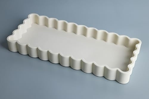 Vixdonos Wavy Edge Decorative Tray,Rectangular Concrete Tray for Coffee Table Decor,13.8X5.9X1.5 Inches(Beige)