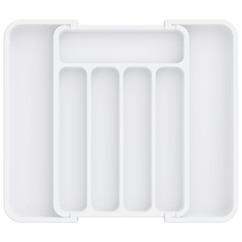 Aujen Silverware Organizer - Expandable Kitchen Drawer Organizer, Adjustable Utensil Organizer, Cutlery Tray for Forks, Knives, Multipurpose Kitchen Organizers and Storage Solution, White, Medium - color: White, size: Medium