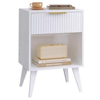 YAUKOMEL Fluted Night Stand with Opening Storage,Mid Century Bedside Table with Drawer,Modern Nightstand with Solid Wood Legs,End Table Side Table for Living Room,Bedroom,White CTG56W - color: White