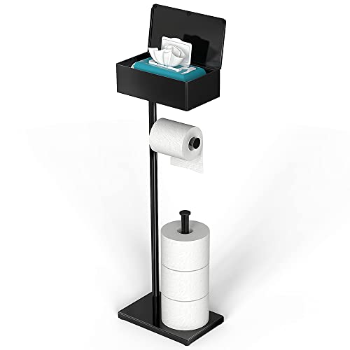 CISILY Black Toilet Paper Holder Stand with Storage Shelf, Free Standing Toilet Paper Roll Holders, Bathroom Toliet Tissue Holder Accessories Essentials - color: Black, size: With Storage