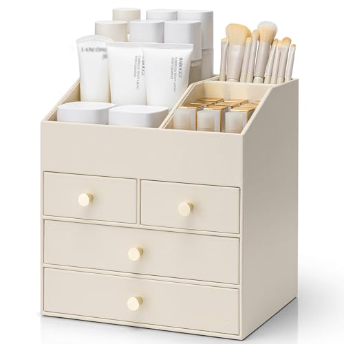 VLANDO Makeup Organizer Countertop,Large Vanity Organizer PU Leather Make up Storage with 4 Drawers Perfume Organizers Cosmetic Display Case for Lipstick,Brushes,Bedroom-Beige - color: 4 layers-Beige