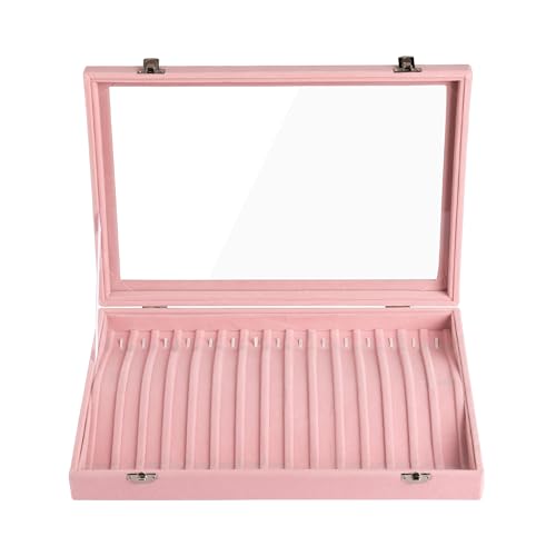 Frebeauty 15 Hooks Necklace Tray Velvet Neckalce Organizer with Clear Lid Lockable Necklace Holder Box Jewelry Organizer for Pendants Chains Necklace Jeweley Tray for Women Girls(Pink) - color: Pink