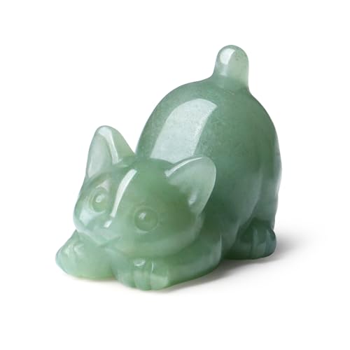 2" Green Aventurine Cat Figurine Decor Crystal Statue Carved Home Room Decor Figurines for Natural Lazy Gemstones Sculpture Handcrafted Healing Stone Office Spiritual Gifts for Cat Lovers - color: Green-aventurine