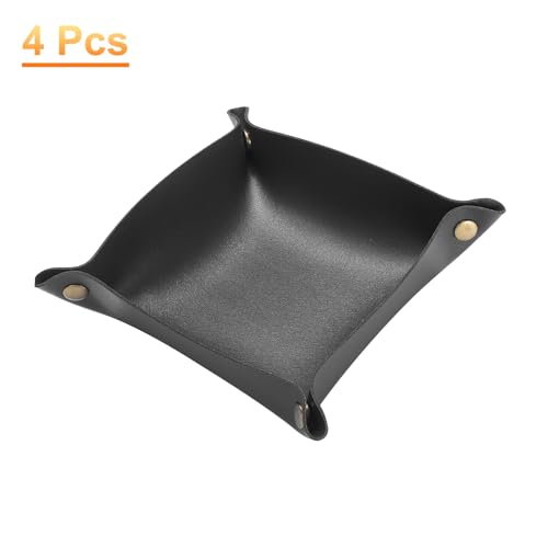 HARFINGTON 4pcs PU Leather Valet Tray Unisex Folding Small Catchall Tray Portable Entryway Table Tray Nightstand Bedside Desk Tray for Key Wallet Watch Coin Jewelry Dice, Black - color: Black