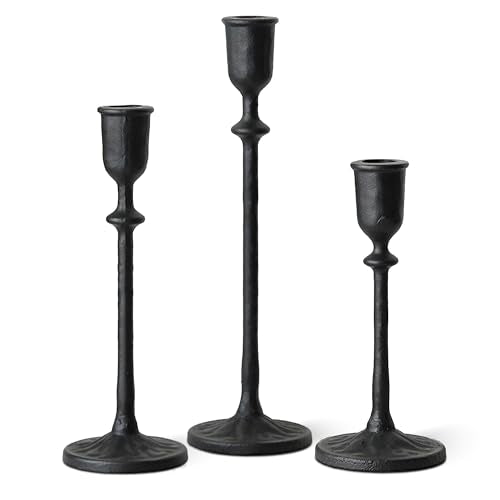 BANOMII Antique Candlestick Holders Set of 3, Cast Iron Taper Candle Holder for Dining Table Centerpiece, Fireplace Mantel Decor, Vintage Tall Candle Stands, Christmas Decorations, Matte Black - color: Black