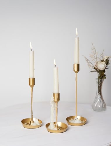 NUPTIO Taper Candle Holders for Centerpiece: 3 Pcs Matte Gold Candlestick Holder for Wedding - Brass Tall Candle Stick Holder for Christmas Party Dinner Table Fireplace Decor - color: Gold, size: 3 pcs