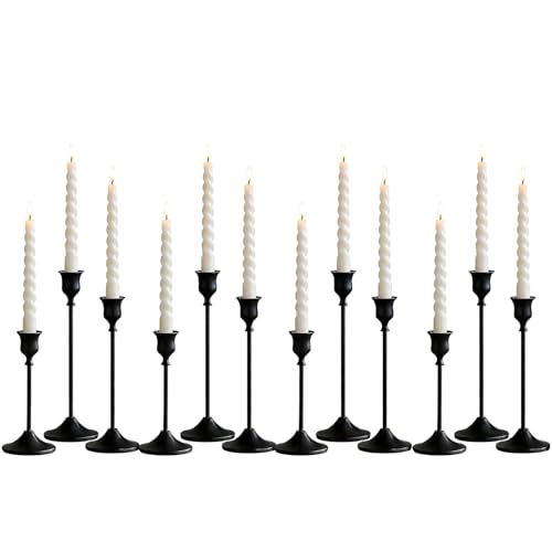 Candlestick Holders 12 PCS Black Metal Taper Candle Holder, Vintage Candle Stick Holders Set for Fireplace Home Table Centerpieces Party Weddings Decorations ﻿