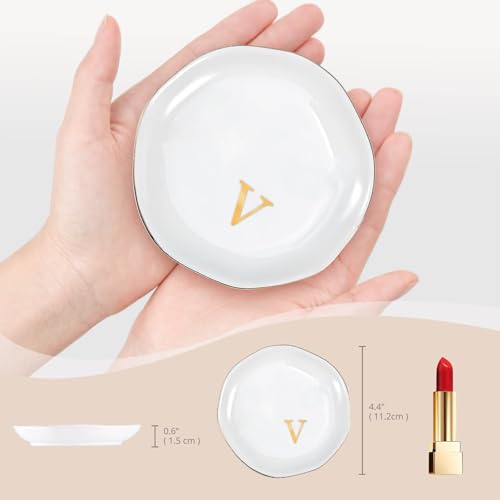 ProCase Ceramic Jewelry Tray, Initial Ring Dish Trinket Plate Engagement Gift, Small Personalized Monogram Ring Bowl for Wedding, White Decorative Jewelry Holder for Women Vanity -LetterV - style: V