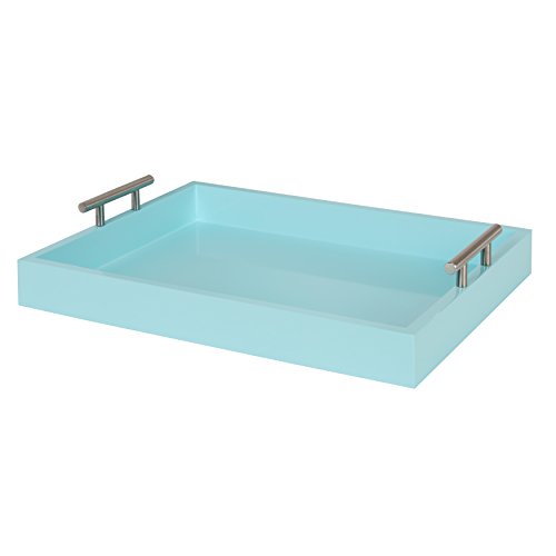 Kate and Laurel Lipton Decorative Tray with Polished Silver Metal Handles, Pastel Teal - color: Light Teal, size: 16.5" x 12.3" x 3.3"