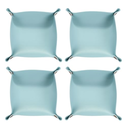 HARFINGTON 4pcs PU Leather Valet Tray Unisex Folding Small Catchall Tray Portable Entryway Table Tray Nightstand Bedside Desk Tray for Key Wallet Watch Coin Jewelry Dice, Light Blue - color: Light Blue