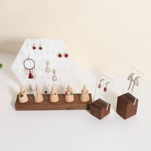GemeShou Wooden ring organizer holder for jewelry, Stable ring display stand for boutique store, walnut base with white ring cones for jewelry selling【Ring holder-Cone 5】 - style: Five Cone
