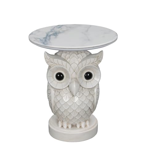 Luxurious Owl Side Table - 20" Premium Faux Marble Top Accent Table with Hand-Detailed Resin Owl Statue Base - High-End Round End Table for Study, Library, Nightstand - Tool-Free - color: White Owl