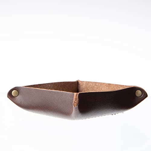 USA Handmade Premium Leather Valet Tray, Jewelry Organizer With Brass Rivets (Dark Walnut Brown, Mini) - color: Dark Walnut Brown, size: 2.5" x 2.5" x 1"