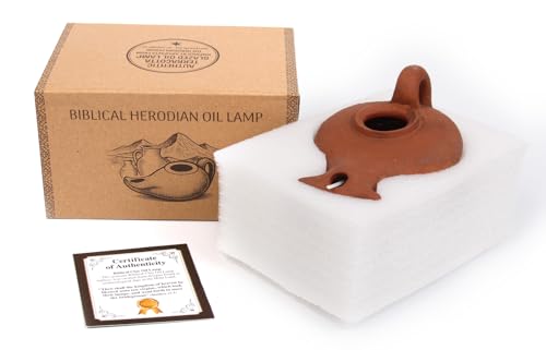 Biblical Herodian Oil Lamp with Handle – Glazed Clay Replica in Gift Box with Certificate of Authenticity - Holy Land Judaica & Christian Gift - color: Clay oil lamp in a gift box