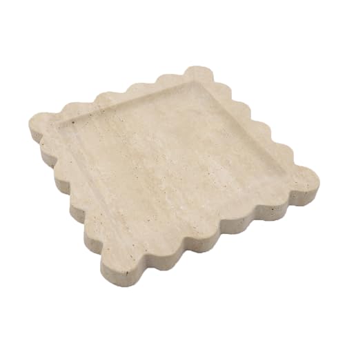 Square Marble Decorative Tray with Scalloped Edge, Luxury Natural Stone Bathroom Vanity Tray, Dresser Top Perfume Coffee Home Kitchen Sink Tray, Key Trinket Ring - color: Beige Travertine