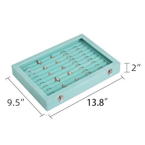 Frebeauty Rings/Earrings Organizer Tray with Clear Lid 10 Slots Velvet Drawer Insert Jewelry Storage box Transparent Glass lid Jewelry Display Case Showcase Gift for Girls Women (Turquoise, 10 Slots) - color: Turquoise, size: 10 Slots