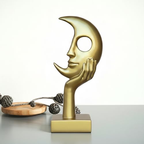 Golden Thinker Statue, Abstract Moon face Sculpture, Modern Home Decor Ornament, Suitable for Study, Office, TV Cabinet, or Tabletop, Golden Resin Statue - color: Gold, size: Large