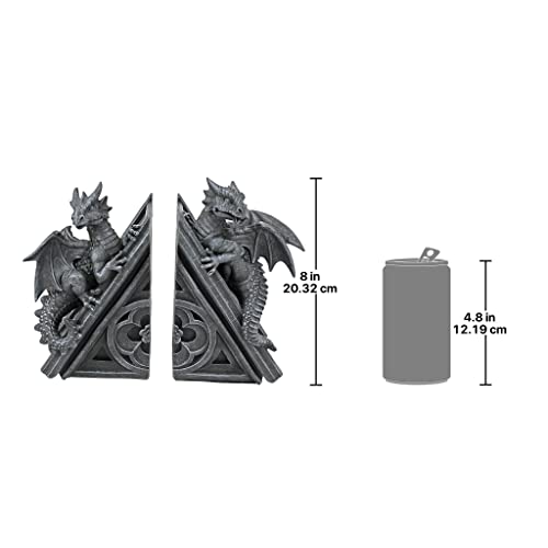 Design Toscano Castle Dragon Gothic Decor Decorative Bookend Statues, 8 Inch, Set of Two, Polyresin, Grey Stone