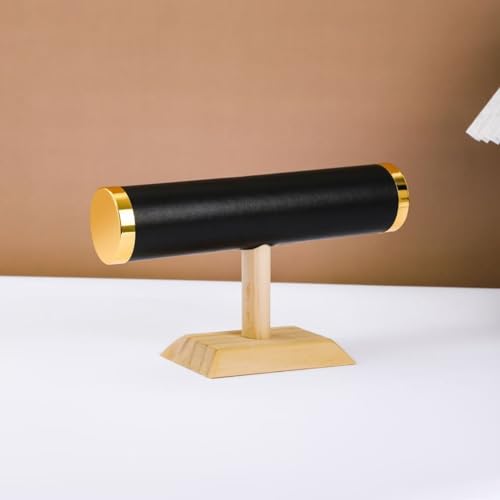 Jewelry Display T-Bar Stand – Elegant Black PU Leather & Natural Oak Wood Base, Space-Saving Organizer for Bracelets, Watches & Bangles - color: Round PU Black