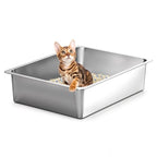 Kirecoo Stainless Steel Cat Litter Box, Small Metal High Sided Cat Pan Box, Indoor Litter Tray, Non Stick, No Smell, Easy to Clean, Pet Toilet Supplies for Cats - size: 15.6” L x 11.6” W x 3.9” H