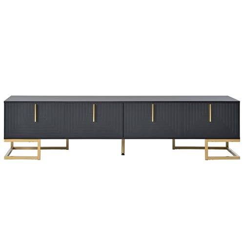 ON-TREND Modern TV Stand with Metal Legs and Gold Handles for TVs Up to 80'', Media Console Table with Cabinets and Adjustable Shelves, Luxury TV Cabinet with Geometric Lines for Living Room, Black - color: Black+gold1