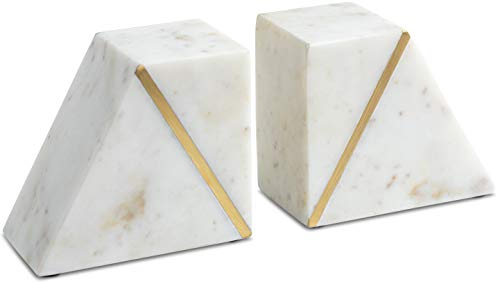 Cork & Mill Marble Book Ends for Shelves, Decorative Bookends for Heavy Books, Unique Mid Century Modern White and Gold Bookends with Brass Inlay, Heavy Duty Bookshelf Stopper, Set of 2 - color: White + Brass