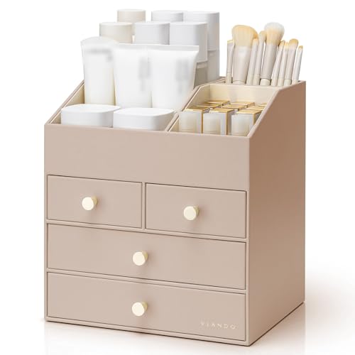 Vlando Makeup Organizer Countertop,Large Vanity Organizer PU Leather Make up Storage with 4 Drawers Skin care Organizer Cosmetic Display Case for Lipstick,Brushes,Bedroom-Toffee - color: 4 layers-Toffee