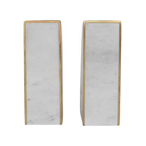 Bloomingville 2-Piece Marble Bookends with Brass Inlay, Gold Finish, White
