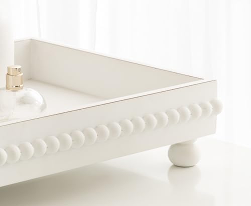 Kate and Laurel Strahm Rectangle Wooden Beaded Display Tray, 10 x 24, White, Lightly Distressed Wood Decorative Footed Tray for Use as Useful Ottoman Tray or Kitchen Serving Tray